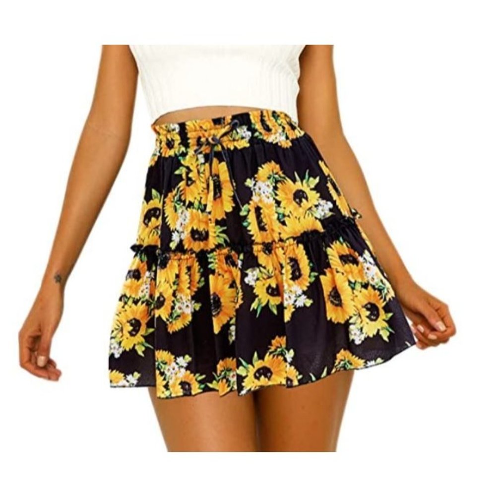 Hibluco Women' Floral Layered Ruffles Tie up High Waist Short Pleated Skirt